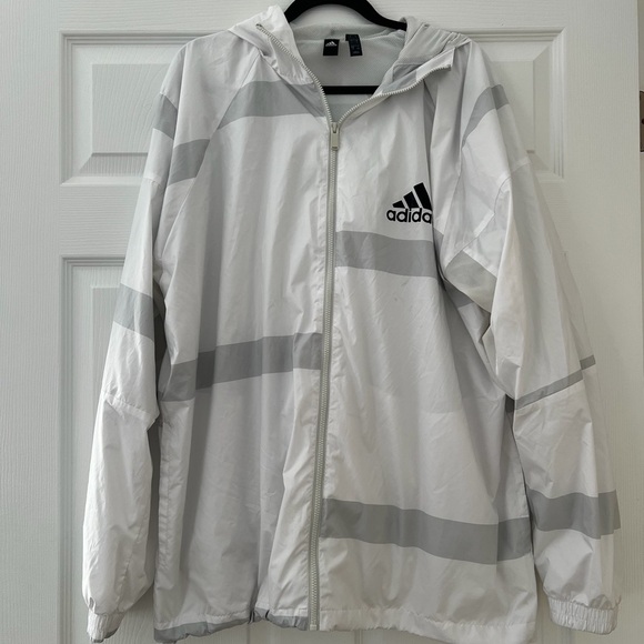 adidas Other - adidas White & Light Gray Striped Hooded Windbreaker
